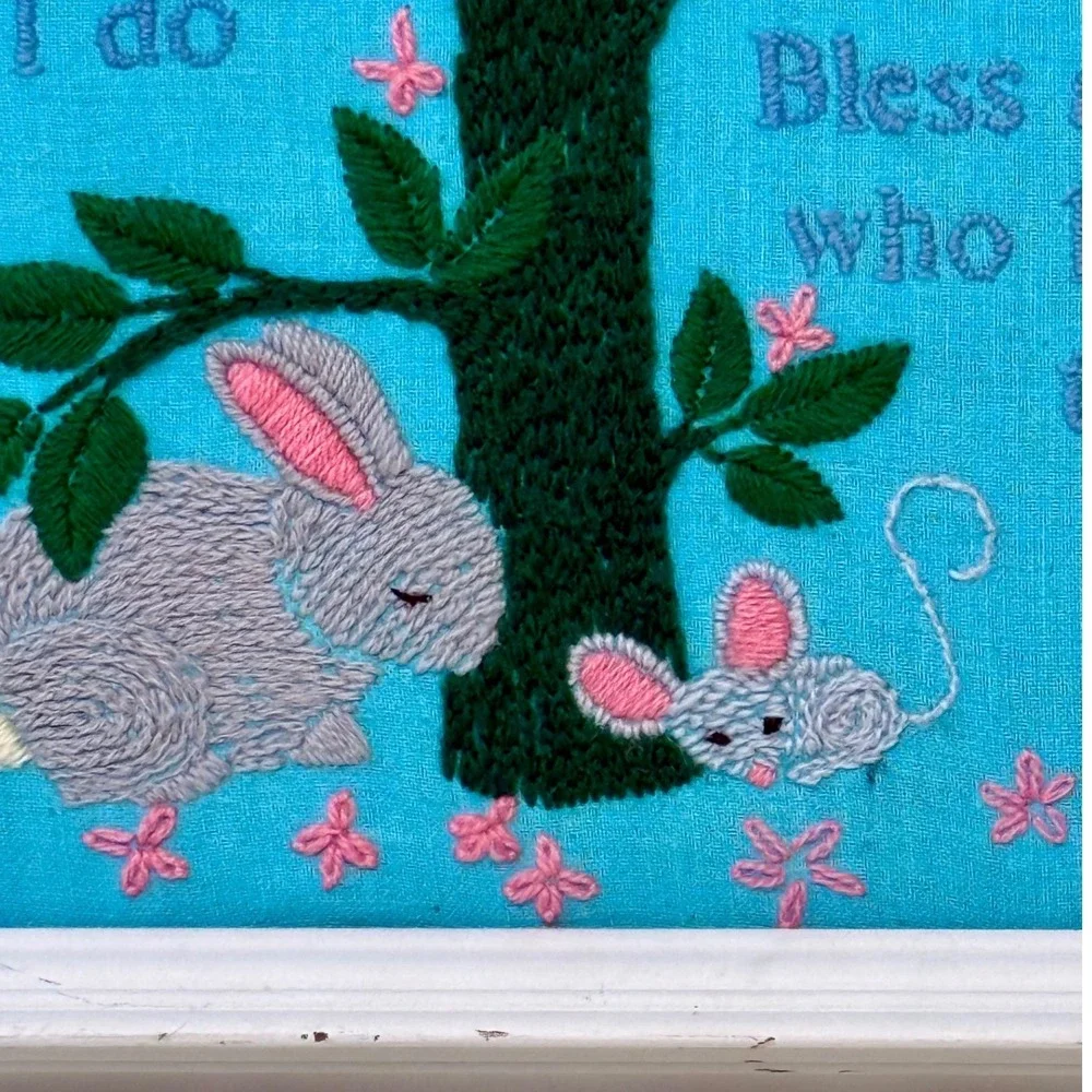 Embroidered Crewel Child Prayer Framed Textile Wall Art Animals Nursery Vintage